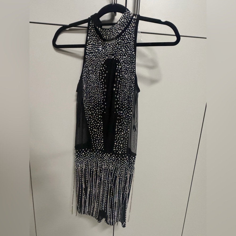NWT large Banjul Black Sheer romper with Rhinestone and tassel Accents
